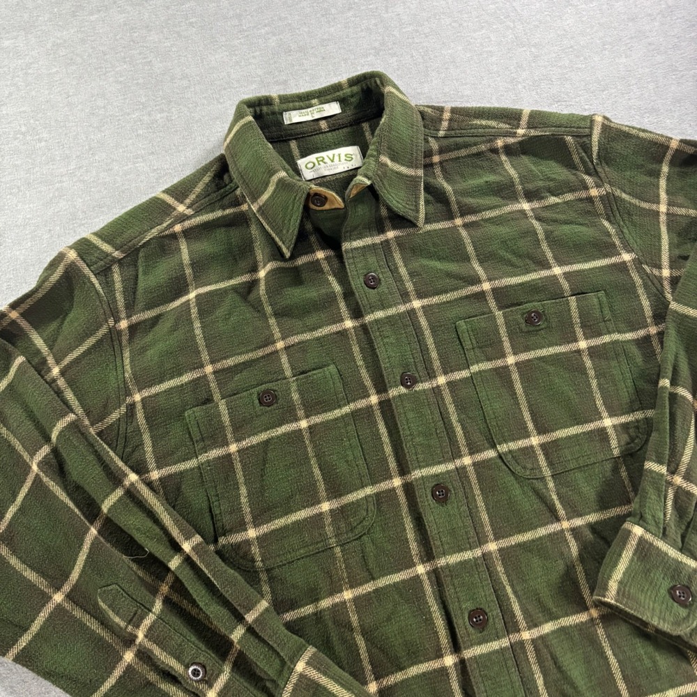 Orvis Mens Large Green Plaid Flannel Button Down Shirt 100% Cotton Long Sleeve